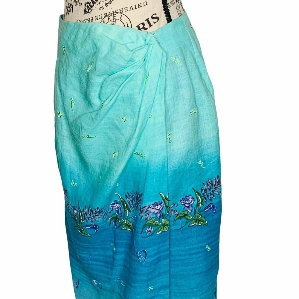 Jenna Ombre Embroidered Linen Sarong Wrap Maxi Skirt Size 12 Blue Green Floral - Picture 10 of 16